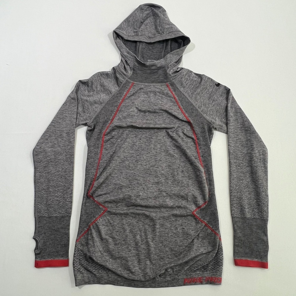 Nike Pro Hyperwarm Pullover Hoodie Women L Gray‎ Crimson Red Seamless Thumbhole